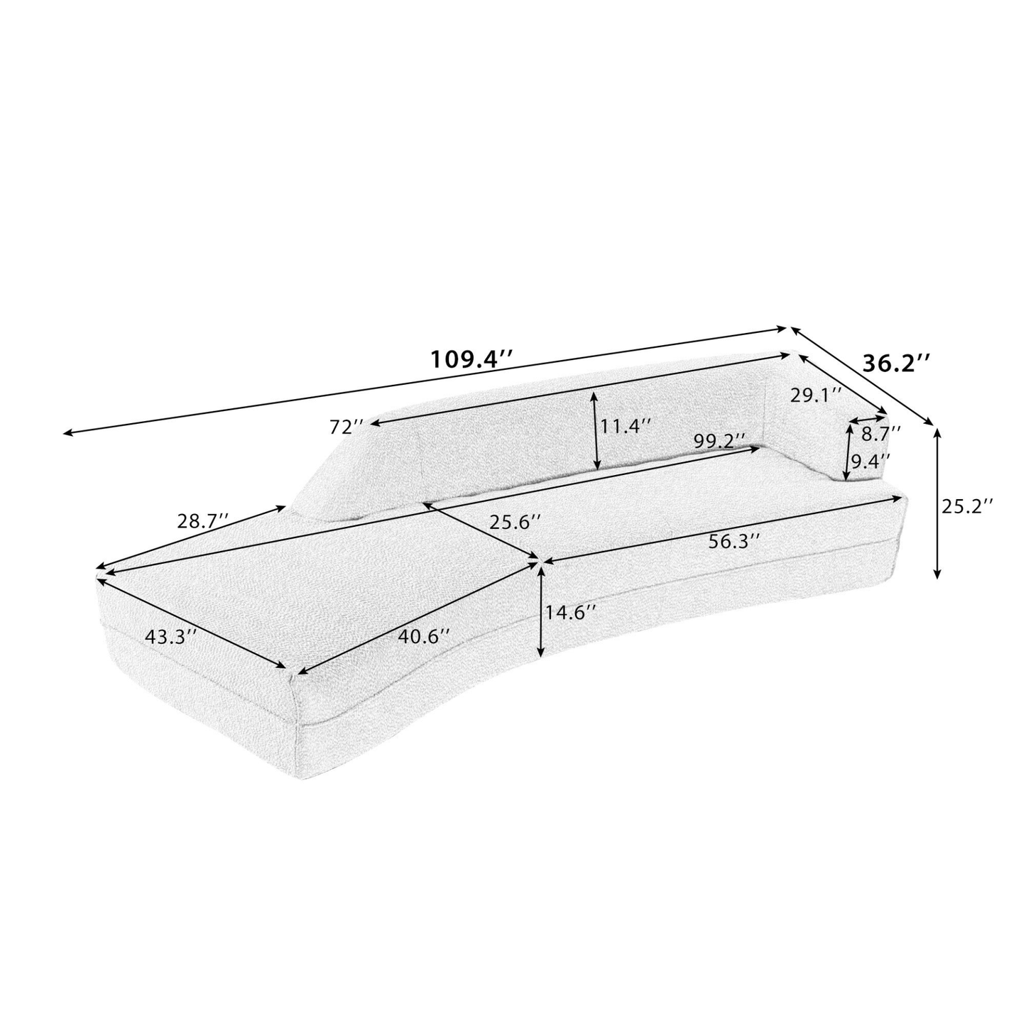 109.4" Curved Chaise Lounge - Modern Grey Indoor Sofa Couch for Living Room - CurtisJ Designs