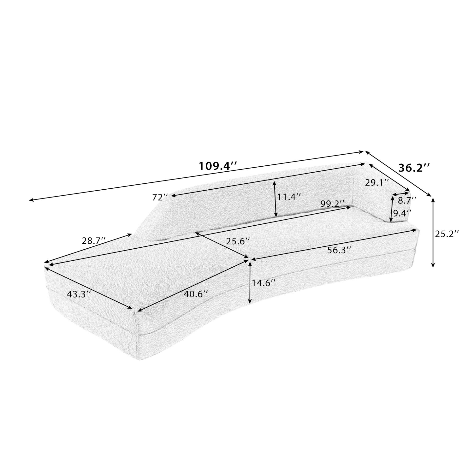 109.4" Curved Chaise Lounge - Modern Grey Indoor Sofa Couch for Living Room - CurtisJ Designs