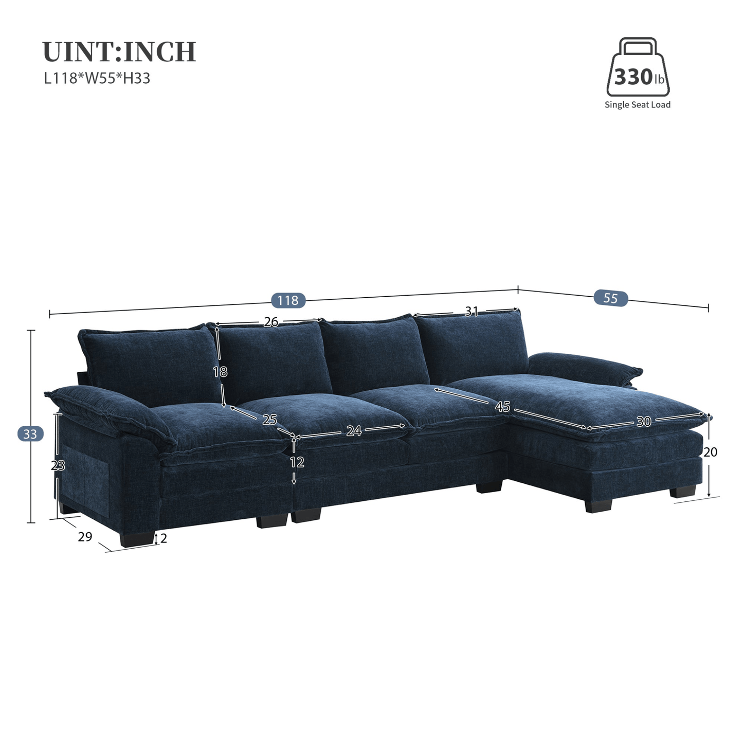 118"x55" Modern L - shaped Chenille Cloud Sofa - 5 - Seater Sleeper Couch with Chaise Lounge - Ideal for Living Room & Apartment - Available in 3 Colors - CurtisJ Designs