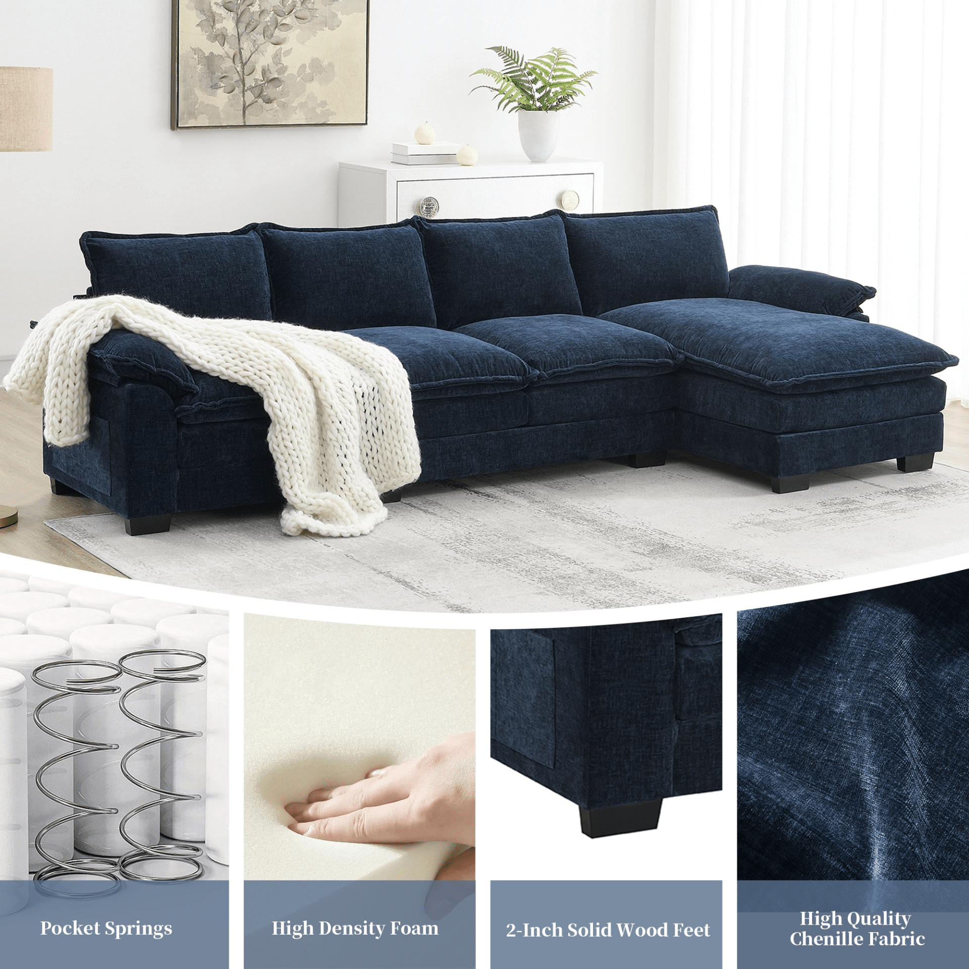 118"x55" Modern L - shaped Chenille Cloud Sofa - 5 - Seater Sleeper Couch with Chaise Lounge - Ideal for Living Room & Apartment - Available in 3 Colors - CurtisJ Designs