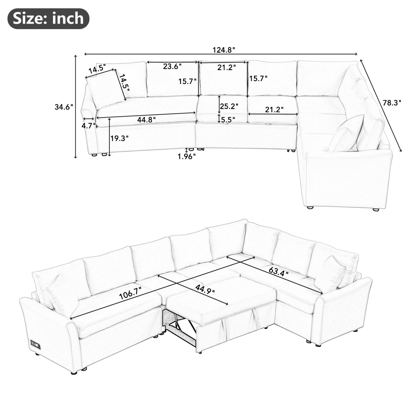 124.8" L - shaped Convertible Sofa Bed with USB Ports & Power Sockets, Beige – Perfect for Living Room Comfort - CurtisJ Designs