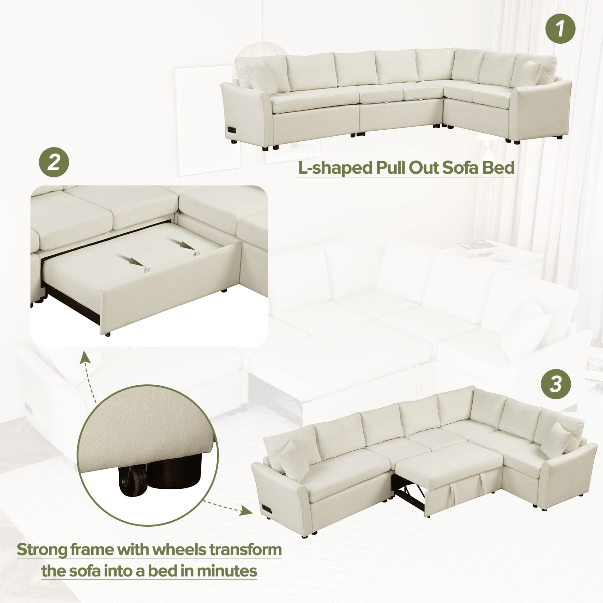 124.8" L - shaped Convertible Sofa Bed with USB Ports & Power Sockets, Beige – Perfect for Living Room Comfort - CurtisJ Designs