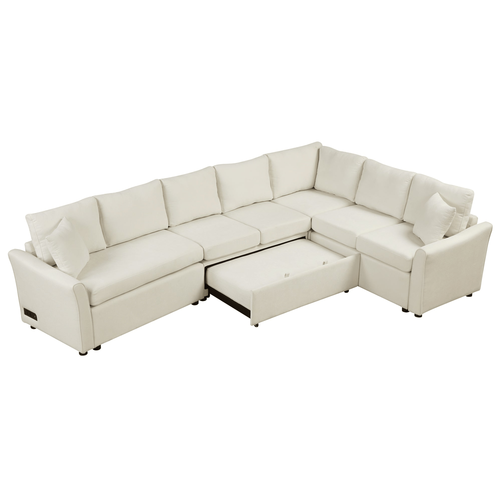 124.8" L - shaped Convertible Sofa Bed with USB Ports & Power Sockets, Beige – Perfect for Living Room Comfort - CurtisJ Designs