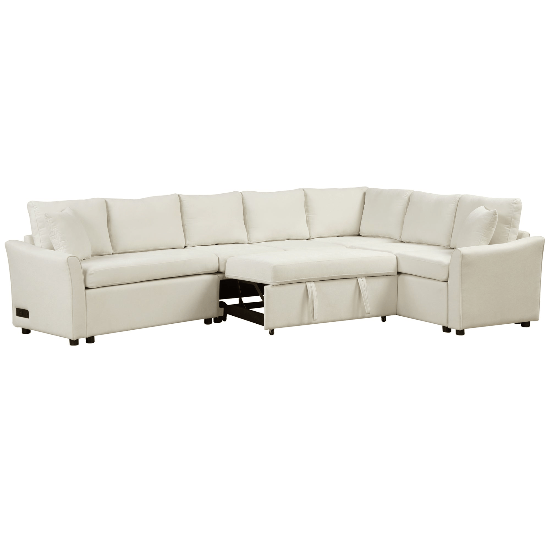 124.8" L - shaped Convertible Sofa Bed with USB Ports & Power Sockets, Beige – Perfect for Living Room Comfort - CurtisJ Designs