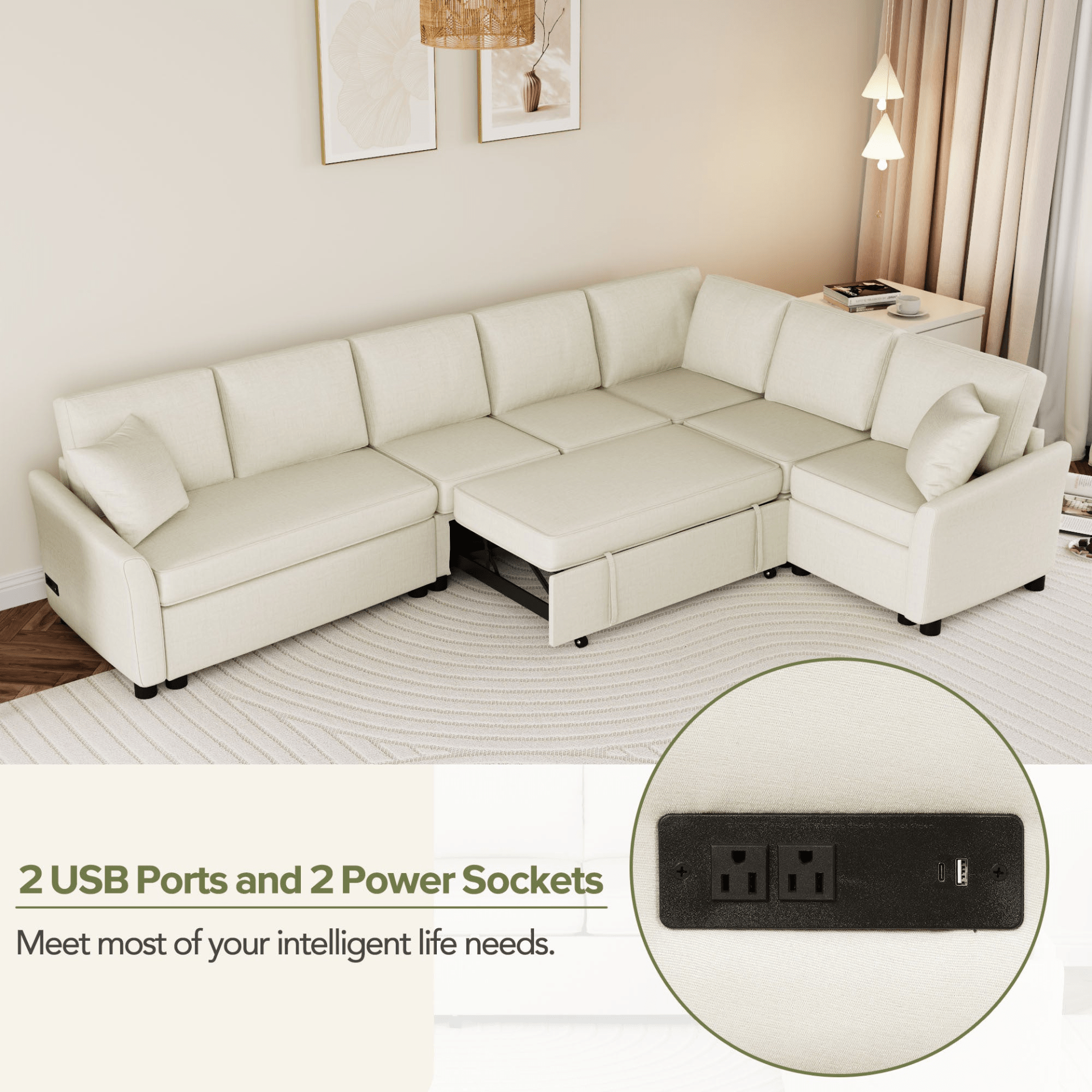 124.8" L - shaped Convertible Sofa Bed with USB Ports & Power Sockets, Beige – Perfect for Living Room Comfort - CurtisJ Designs