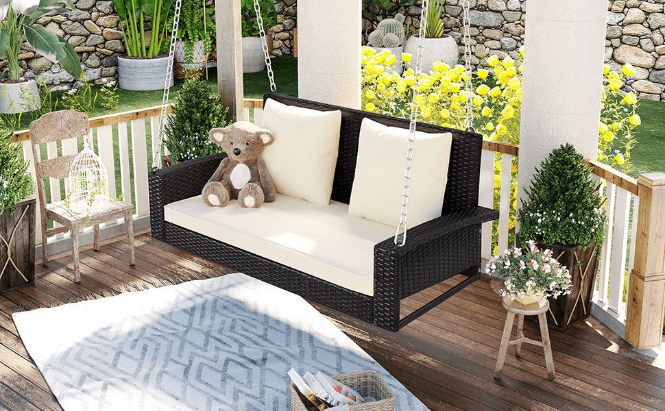 2 - Person Wicker Hanging Porch Swing with Cushions and Chains - Rattan Swing Bench for Outdoor Relaxation - CurtisJ Designs