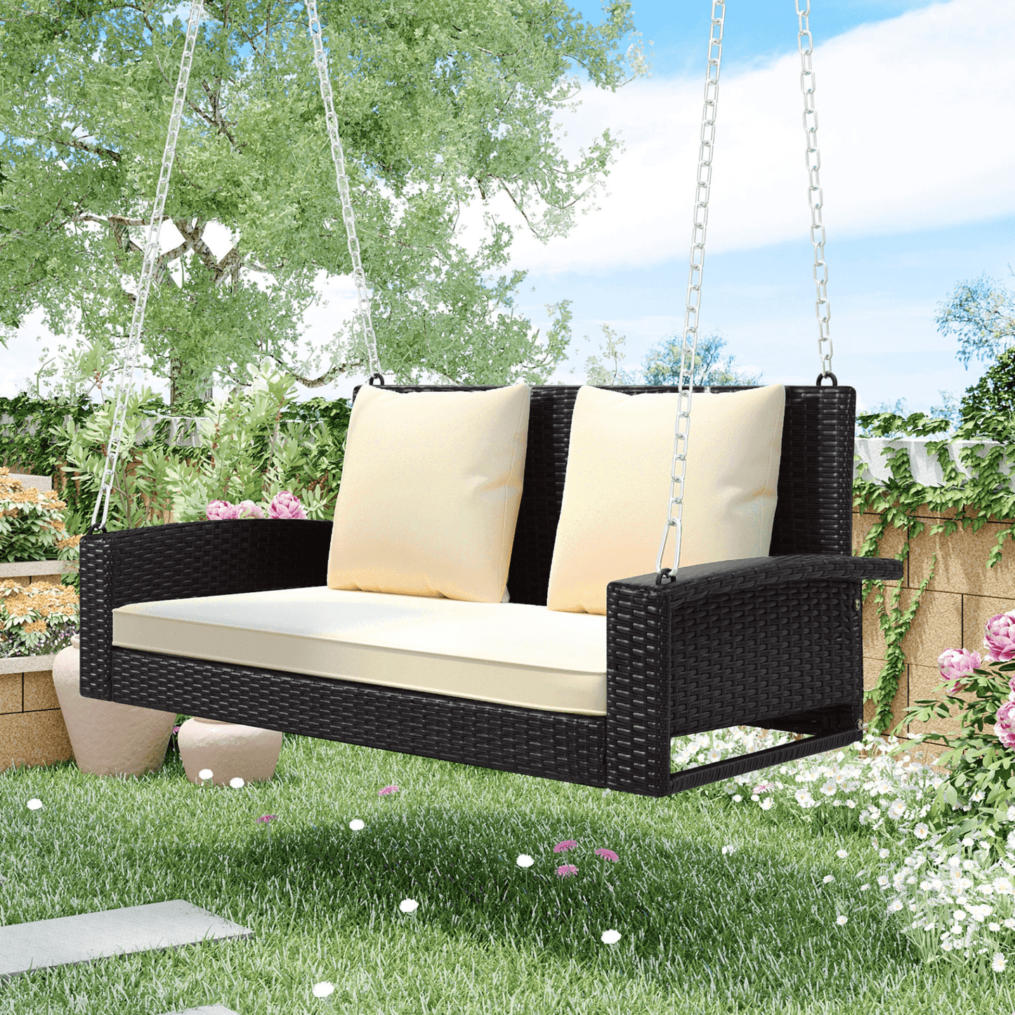 2 - Person Wicker Hanging Porch Swing with Cushions and Chains - Rattan Swing Bench for Outdoor Relaxation - CurtisJ Designs