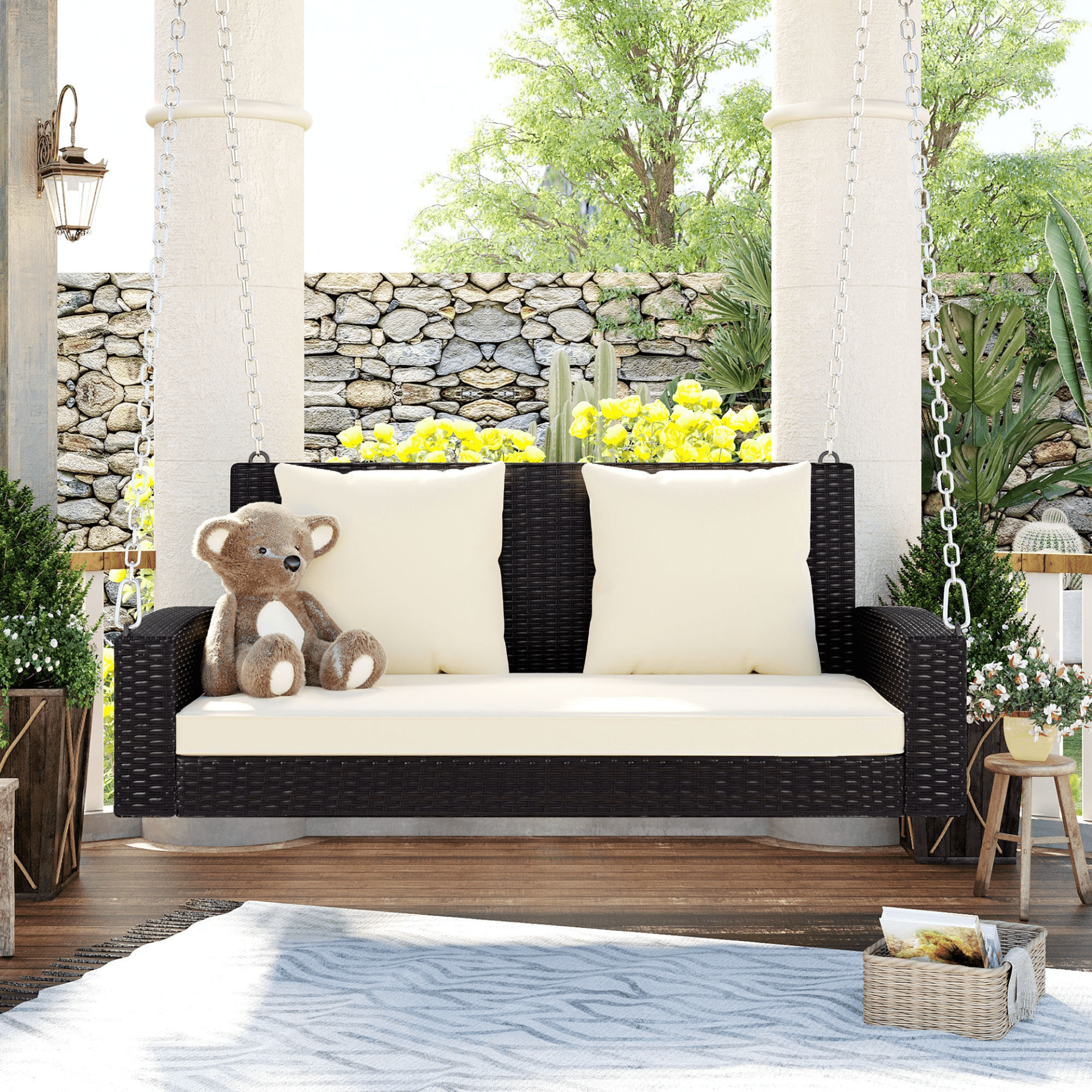 2 - Person Wicker Hanging Porch Swing with Cushions and Chains - Rattan Swing Bench for Outdoor Relaxation - CurtisJ Designs