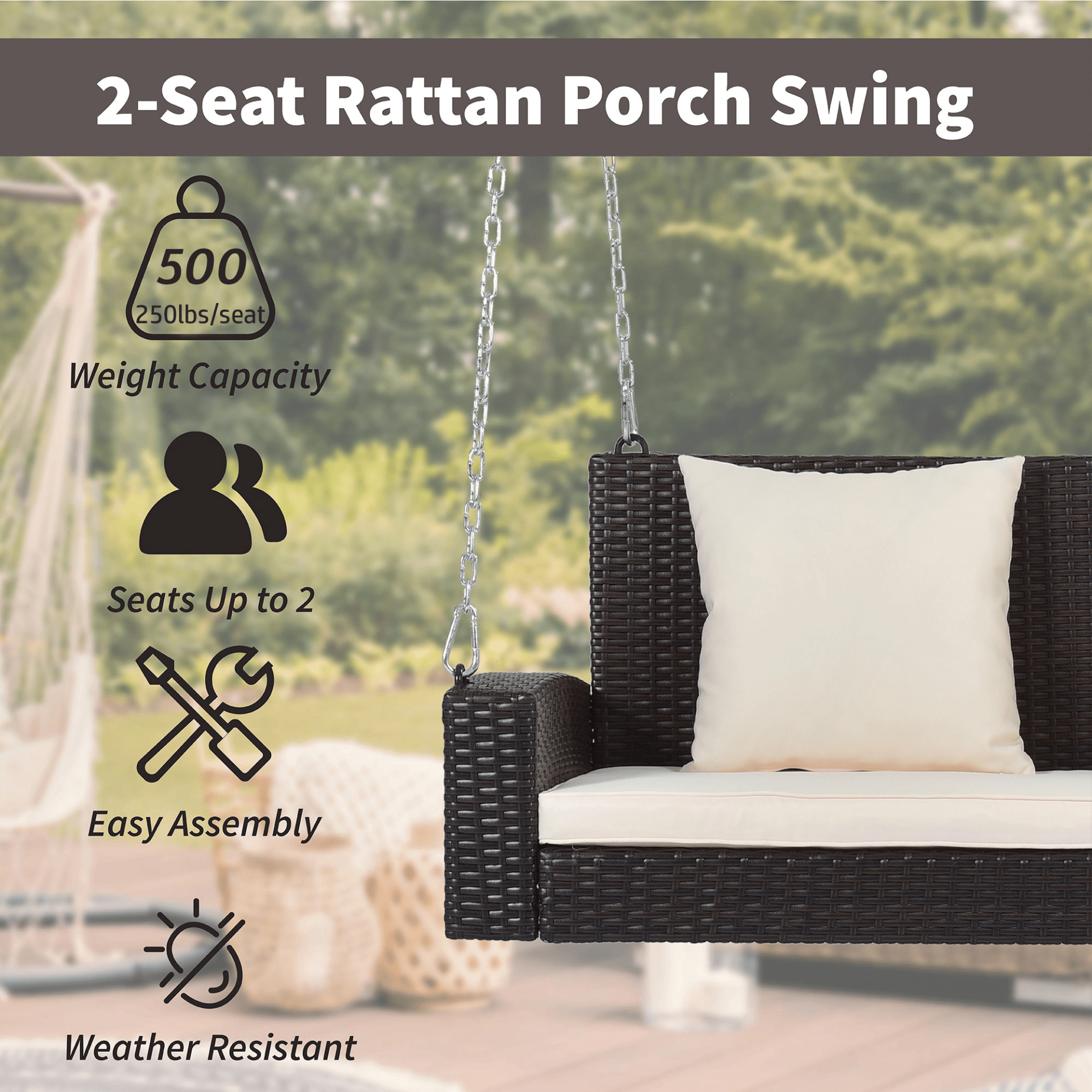 2 - Person Wicker Hanging Porch Swing with Cushions and Chains - Rattan Swing Bench for Outdoor Relaxation - CurtisJ Designs