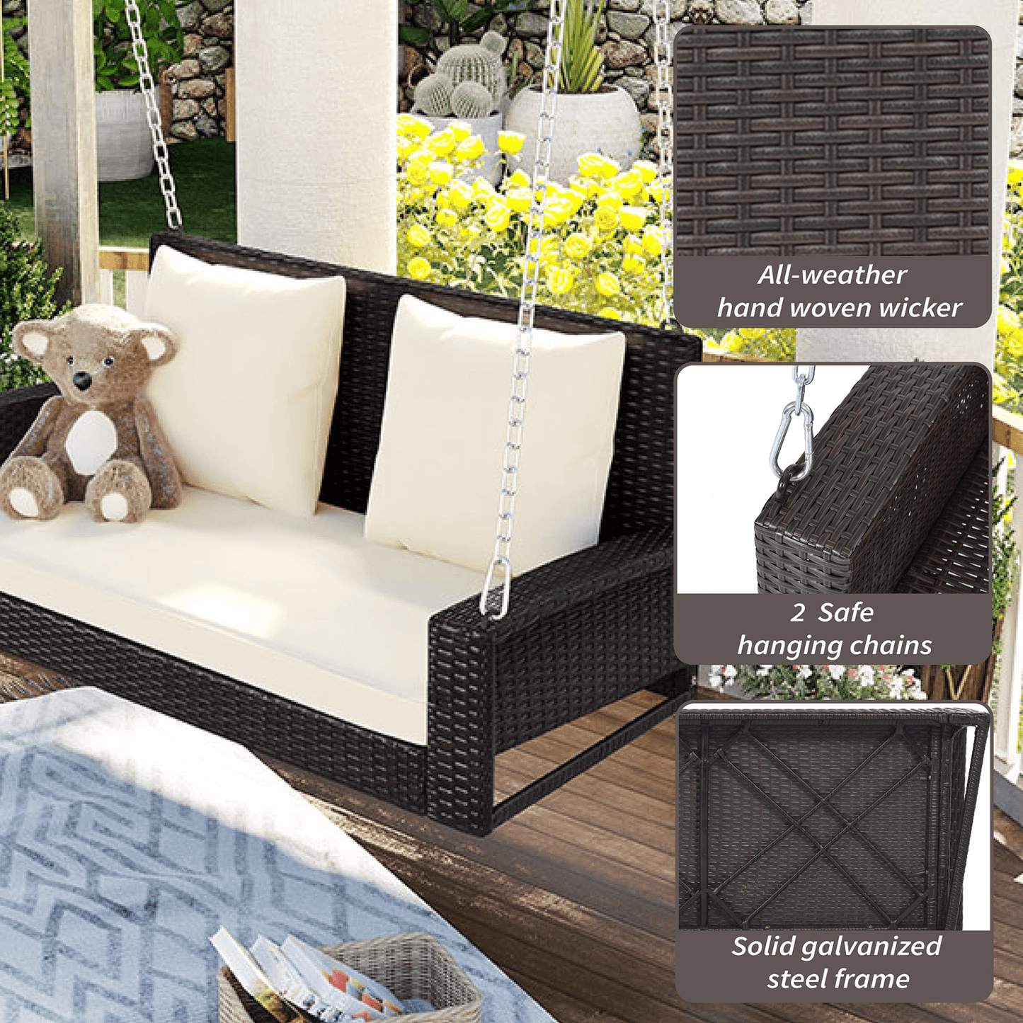 2 - Person Wicker Hanging Porch Swing with Cushions and Chains - Rattan Swing Bench for Outdoor Relaxation - CurtisJ Designs