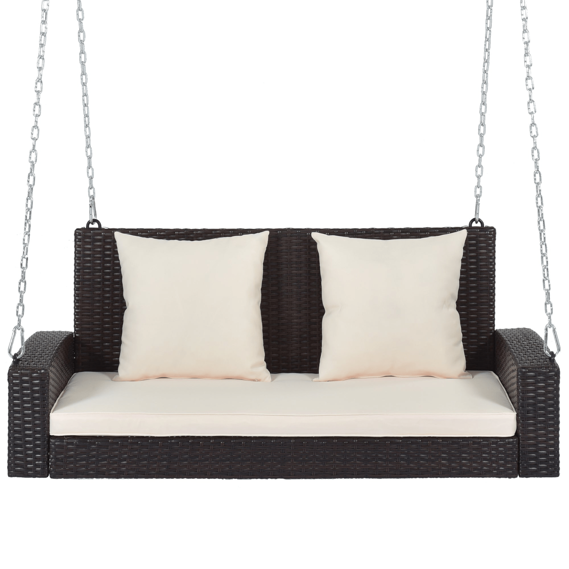 2 - Person Wicker Hanging Porch Swing with Cushions and Chains - Rattan Swing Bench for Outdoor Relaxation - CurtisJ Designs