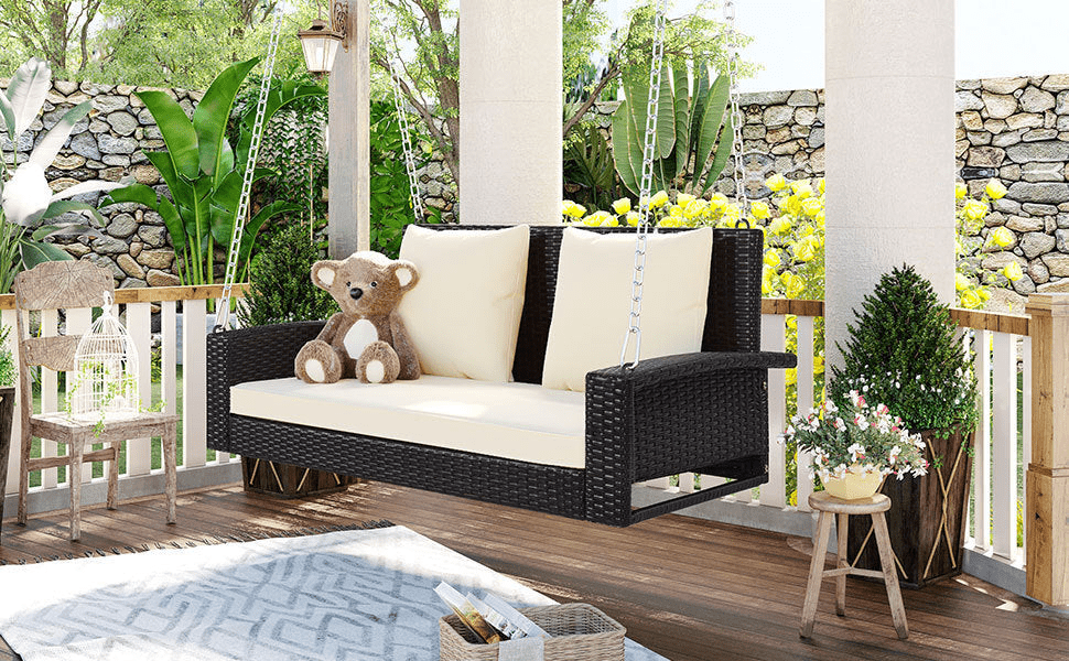 2 - Person Wicker Hanging Porch Swing with Cushions and Chains - Rattan Swing Bench for Outdoor Relaxation - CurtisJ Designs