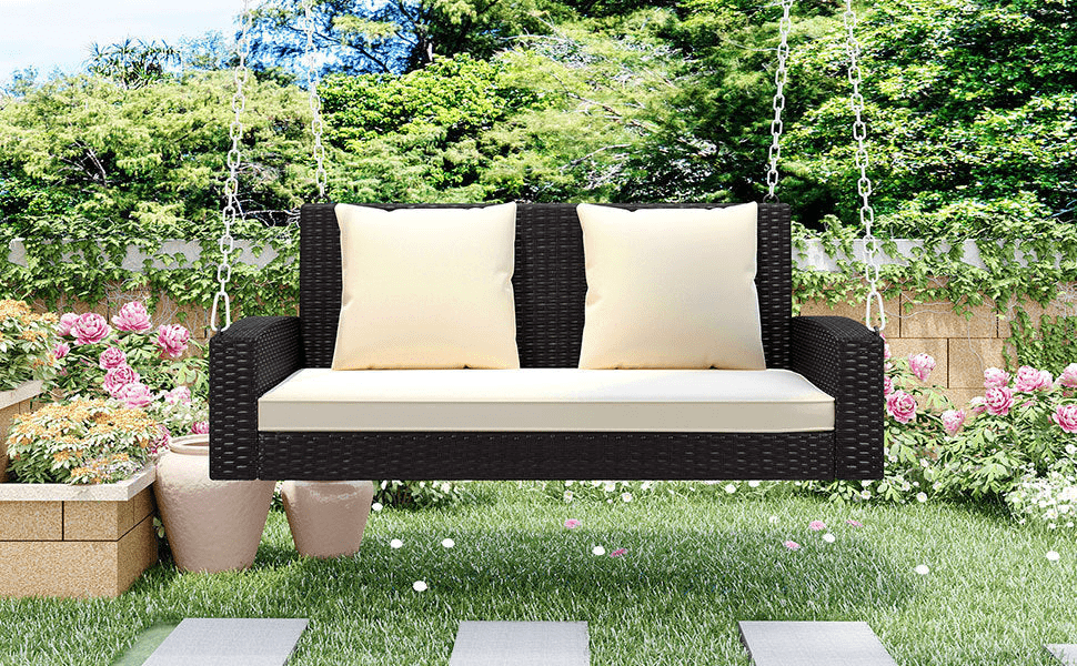 2 - Person Wicker Hanging Porch Swing with Cushions and Chains - Rattan Swing Bench for Outdoor Relaxation - CurtisJ Designs