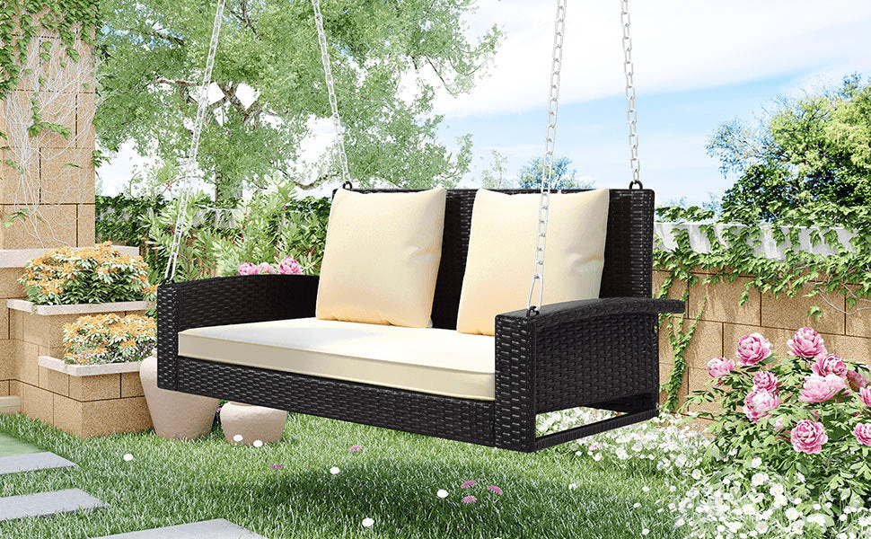 2 - Person Wicker Hanging Porch Swing with Cushions and Chains - Rattan Swing Bench for Outdoor Relaxation - CurtisJ Designs