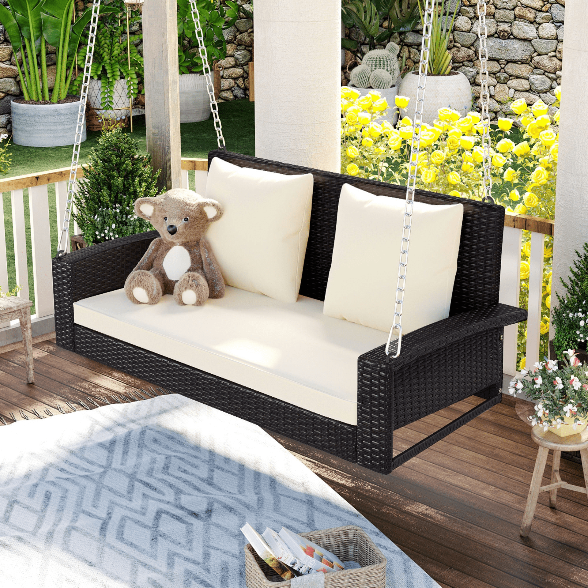 2 - Person Wicker Hanging Porch Swing with Cushions and Chains - Rattan Swing Bench for Outdoor Relaxation - CurtisJ Designs