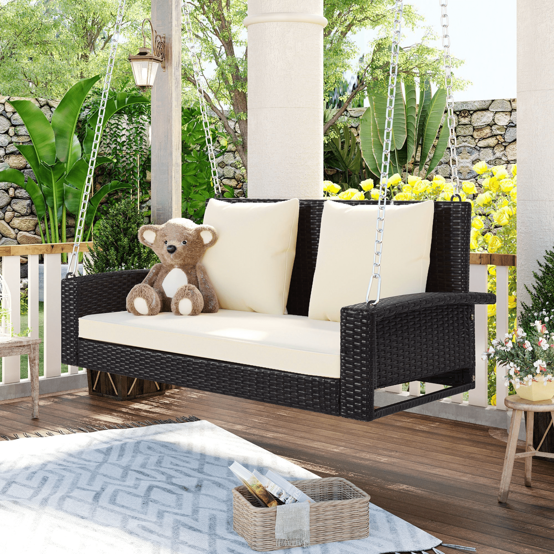 2 - Person Wicker Hanging Porch Swing with Cushions and Chains - Rattan Swing Bench for Outdoor Relaxation - CurtisJ Designs