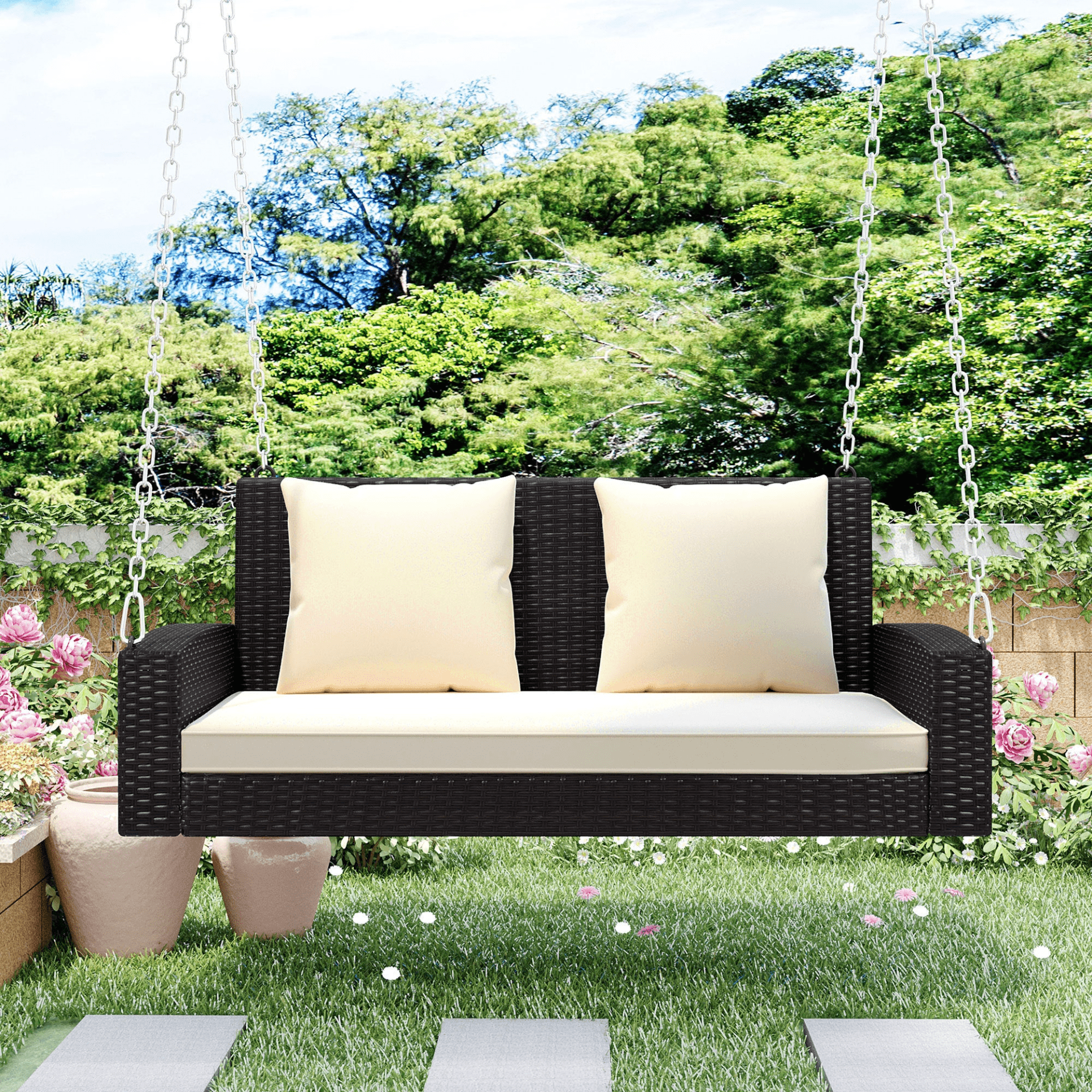 2 - Person Wicker Hanging Porch Swing with Cushions and Chains - Rattan Swing Bench for Outdoor Relaxation - CurtisJ Designs