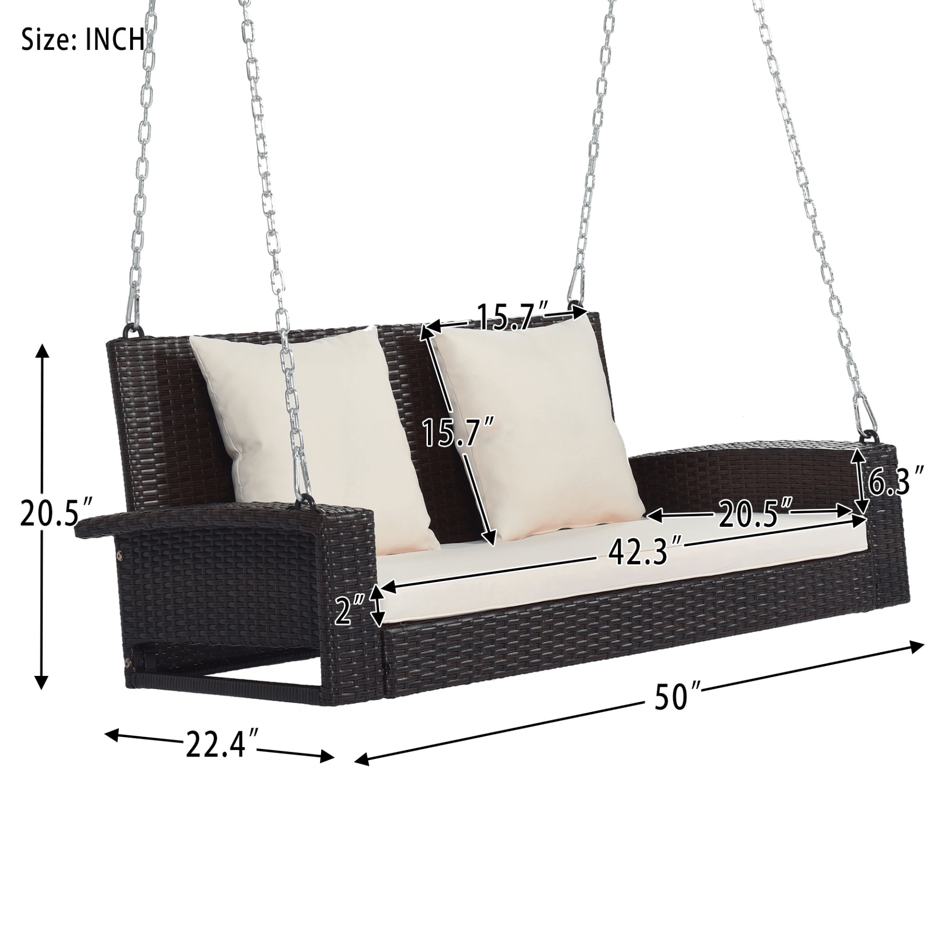 2 - Person Wicker Hanging Porch Swing with Cushions and Chains - Rattan Swing Bench for Outdoor Relaxation - CurtisJ Designs