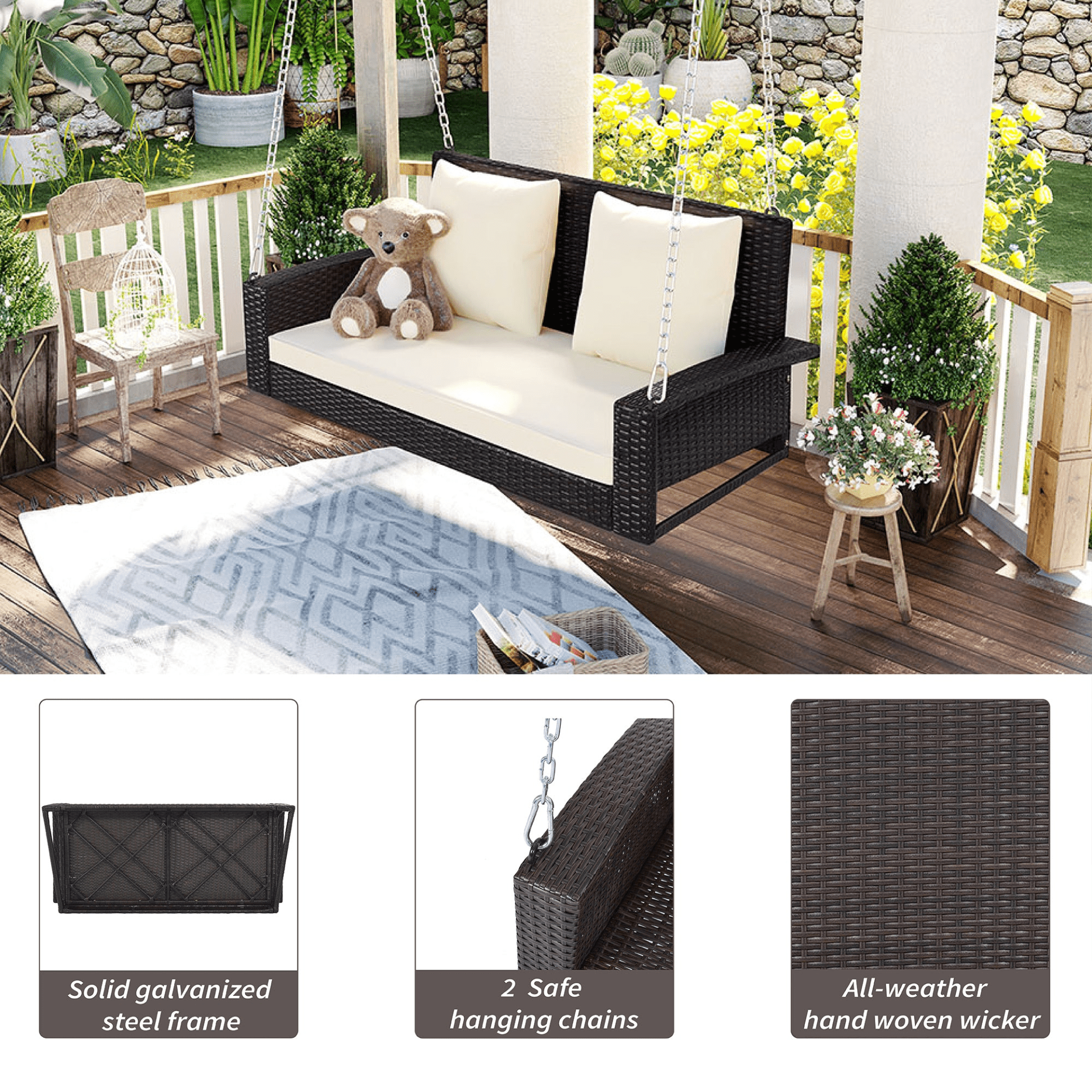 2 - Person Wicker Hanging Porch Swing with Cushions and Chains - Rattan Swing Bench for Outdoor Relaxation - CurtisJ Designs