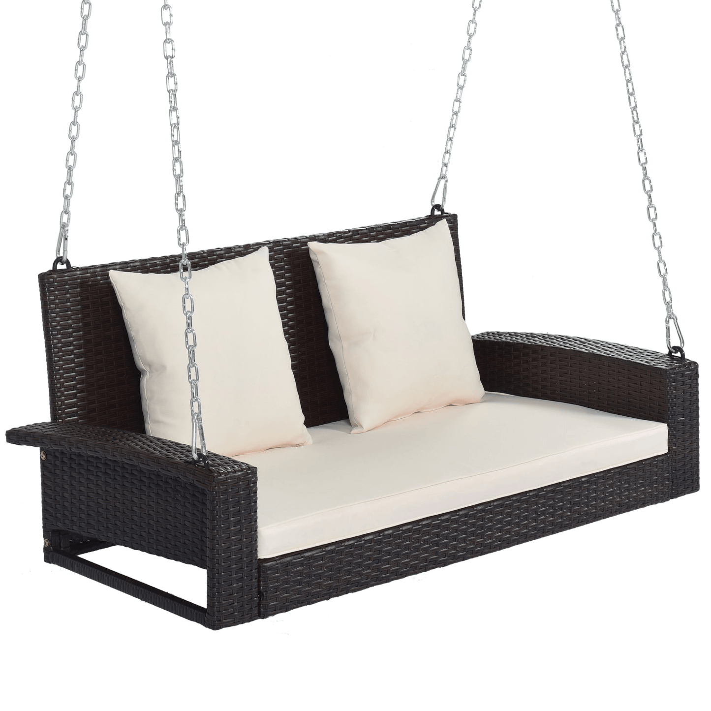 2 - Person Wicker Hanging Porch Swing with Cushions and Chains - Rattan Swing Bench for Outdoor Relaxation - CurtisJ Designs