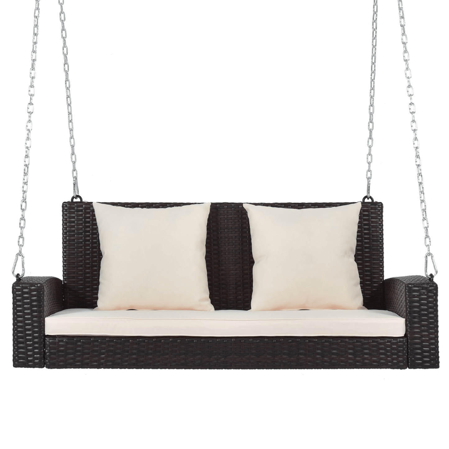 2 - Person Wicker Hanging Porch Swing with Cushions and Chains - Rattan Swing Bench for Outdoor Relaxation - CurtisJ Designs