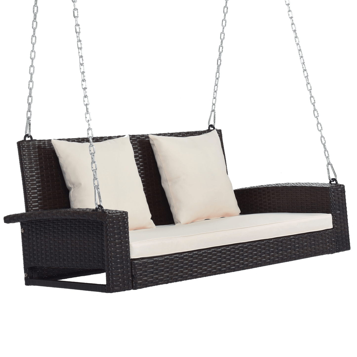 2 - Person Wicker Hanging Porch Swing with Cushions and Chains - Rattan Swing Bench for Outdoor Relaxation - CurtisJ Designs