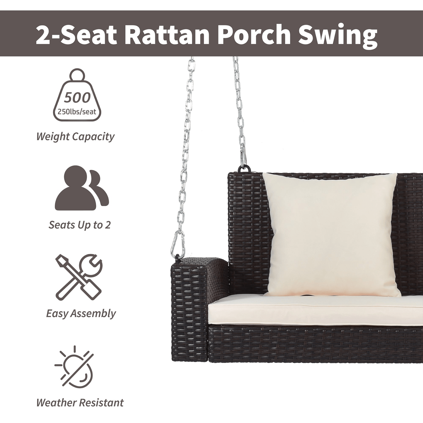 2 - Person Wicker Hanging Porch Swing with Cushions and Chains - Rattan Swing Bench for Outdoor Relaxation - CurtisJ Designs