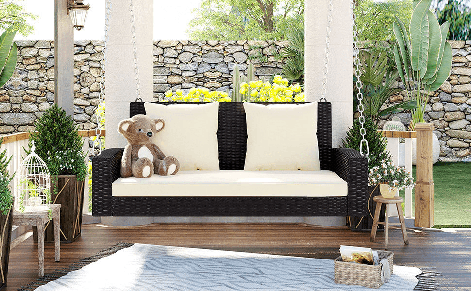 2 - Person Wicker Hanging Porch Swing with Cushions and Chains - Rattan Swing Bench for Outdoor Relaxation - CurtisJ Designs