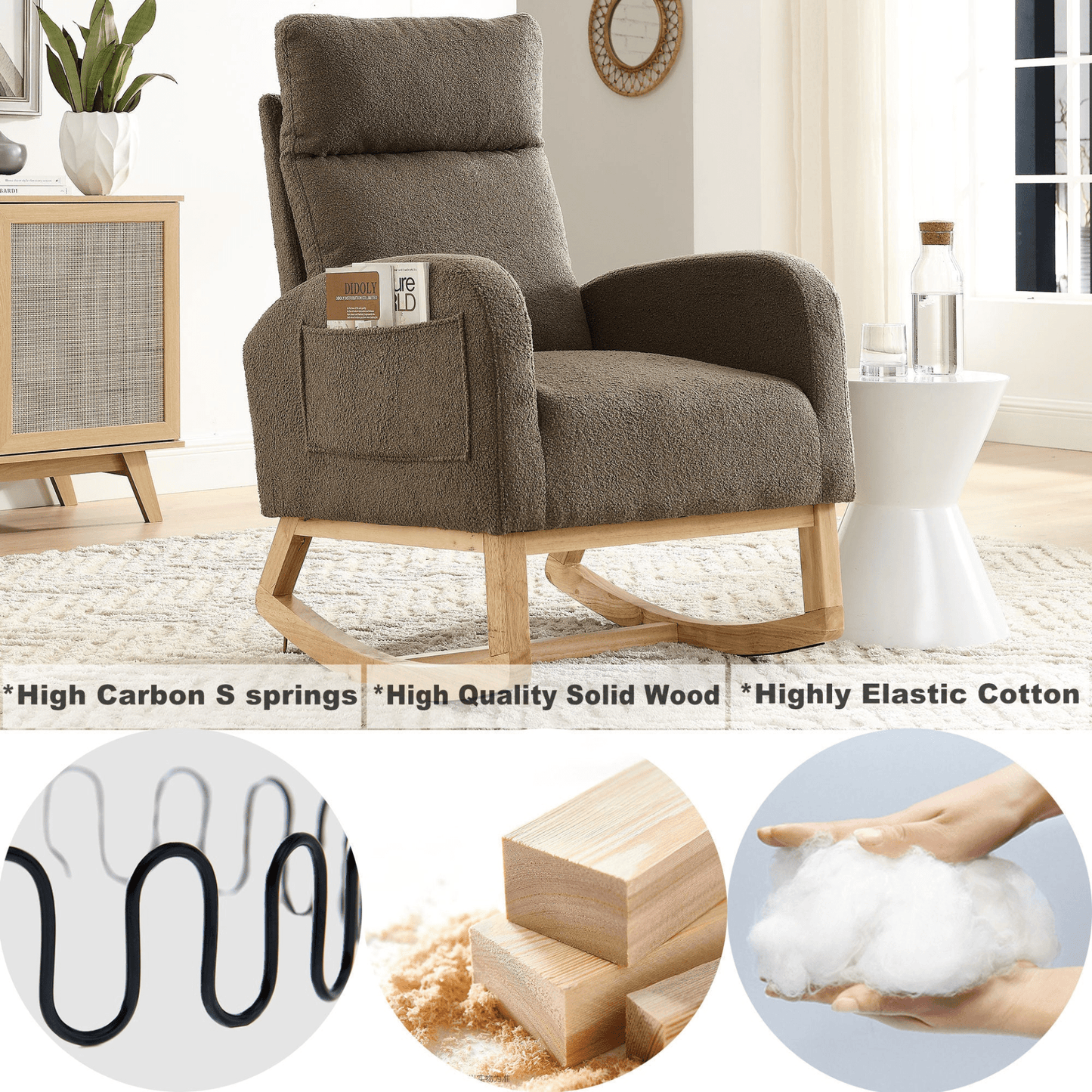 27.6"W Modern Accent High Backrest Living Room Lounge Arm Rocking Chair, Two Side Pocket - CurtisJ Designs