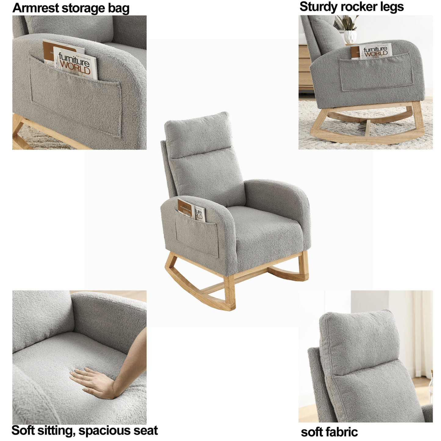 27.6"W Modern Accent High Backrest Living Room Lounge Arm Rocking Chair, Two Side Pocket - CurtisJ Designs