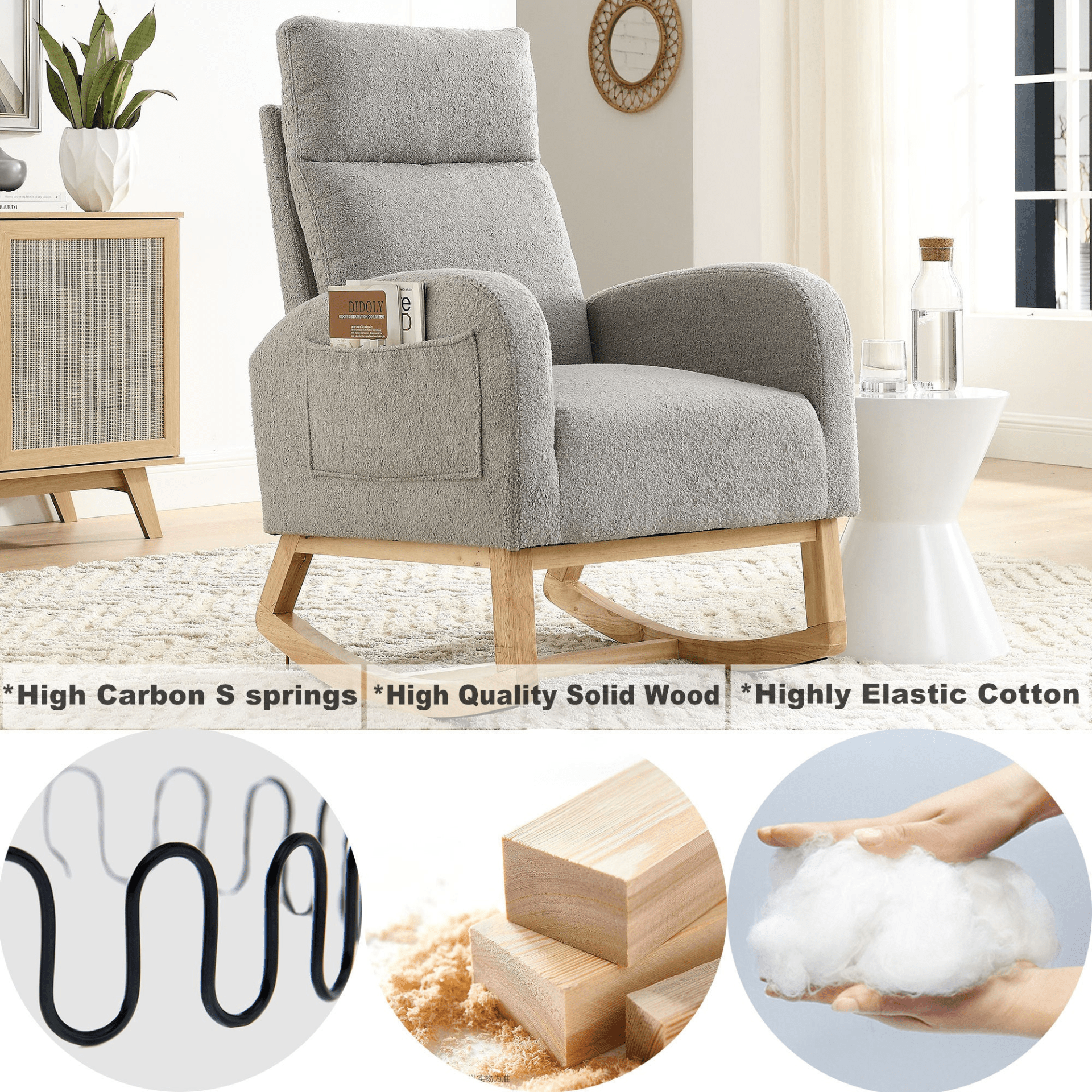 27.6"W Modern Accent High Backrest Living Room Lounge Arm Rocking Chair, Two Side Pocket - CurtisJ Designs