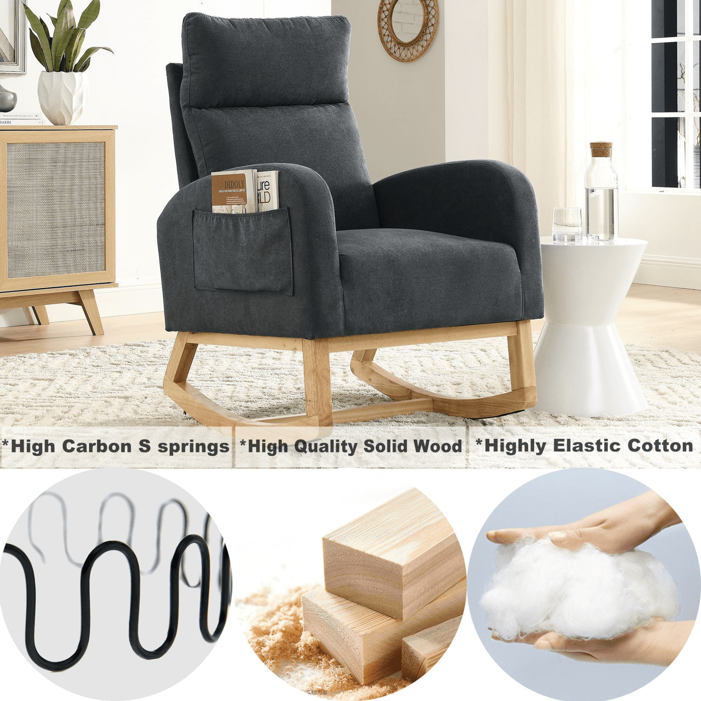 27.6"W Modern Accent High Backrest Living Room Lounge Arm Rocking Chair with Two Side Pockets - Dark Grey - CurtisJ Designs