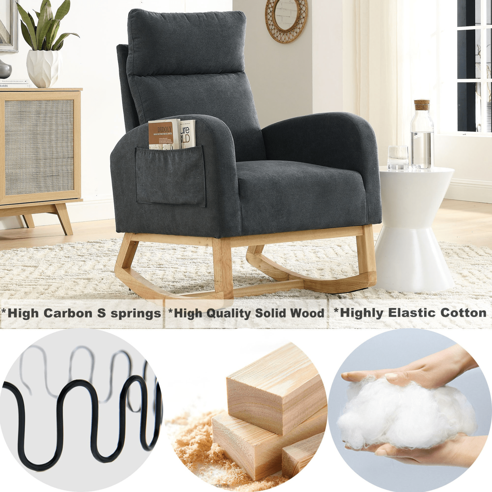 27.6"W Modern Accent High Backrest Living Room Lounge Arm Rocking Chair with Two Side Pockets - Dark Grey - CurtisJ Designs