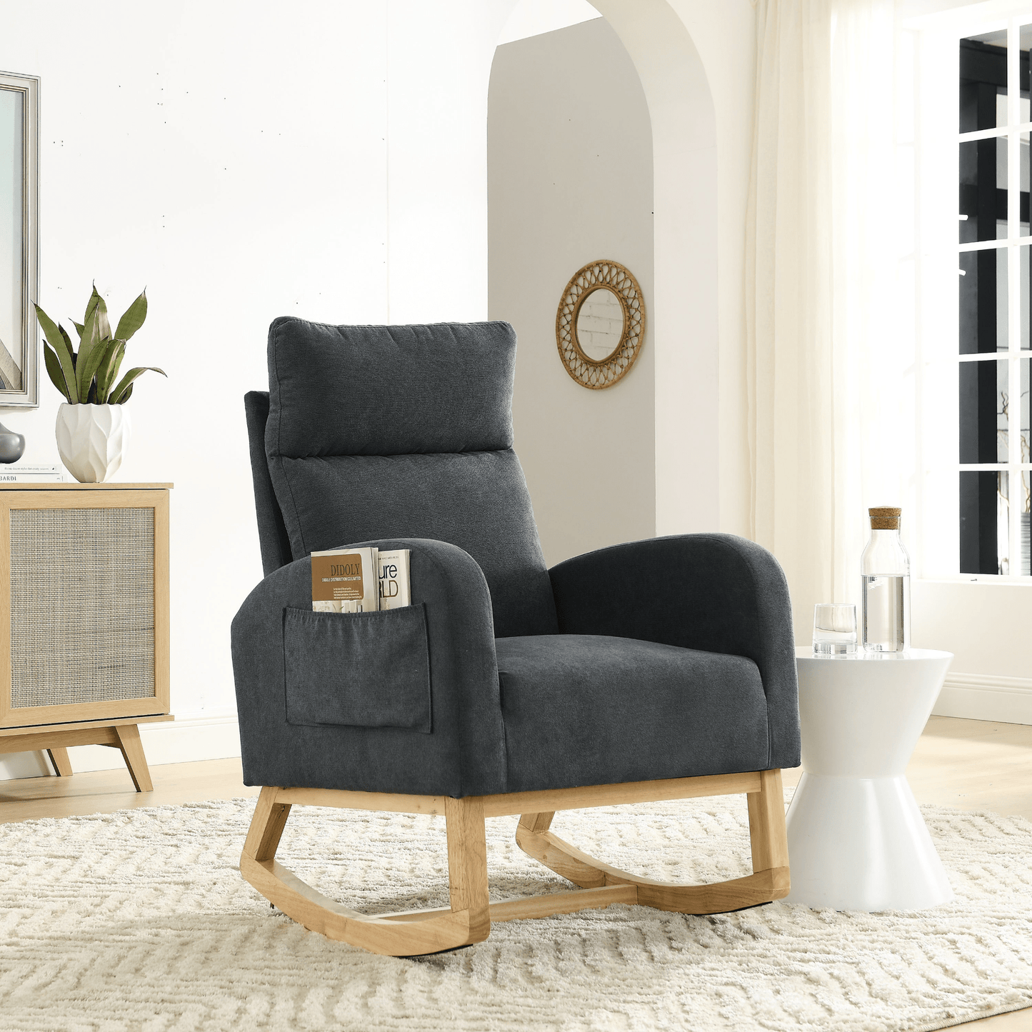 27.6"W Modern Accent High Backrest Living Room Lounge Arm Rocking Chair with Two Side Pockets - Dark Grey - CurtisJ Designs