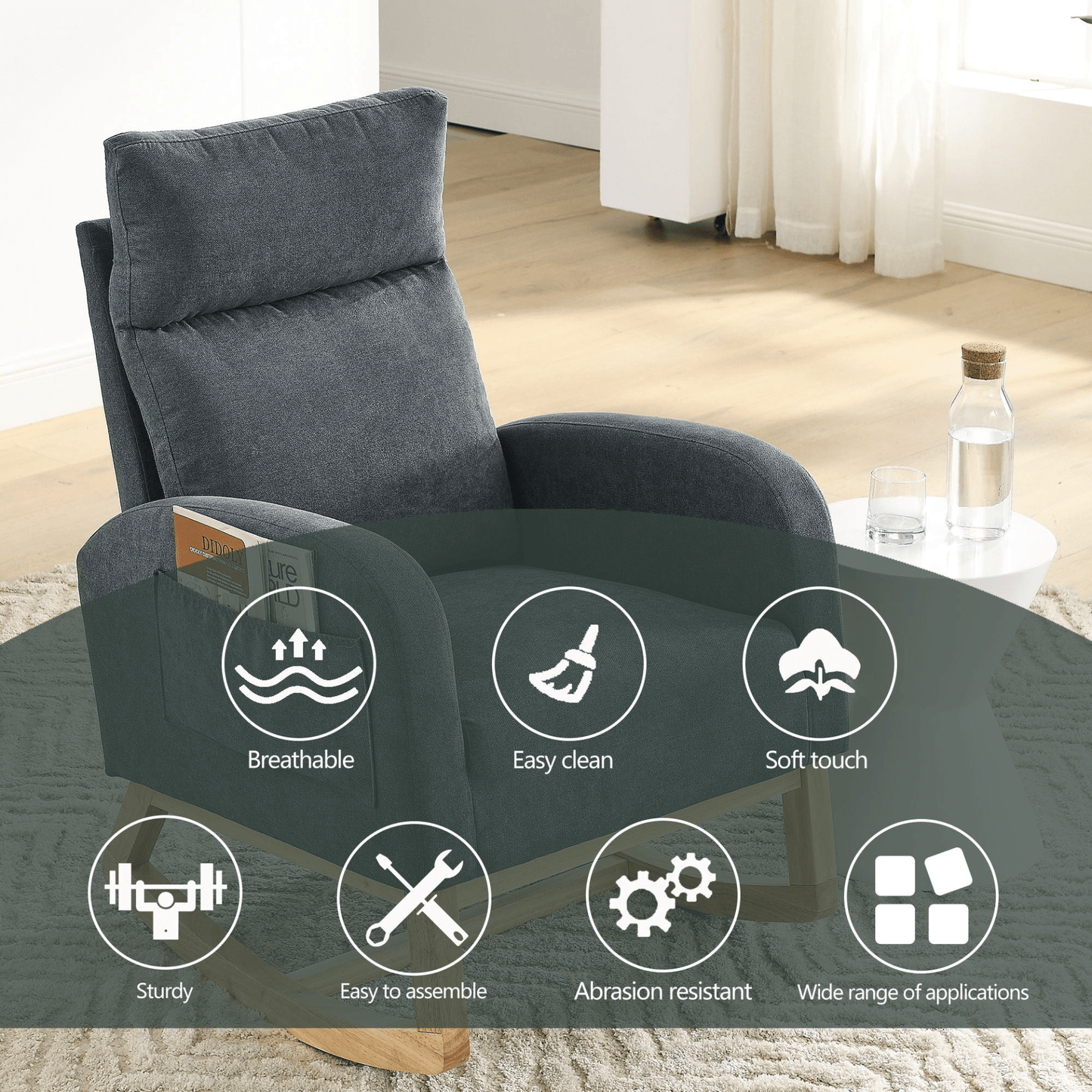 27.6"W Modern Accent High Backrest Living Room Lounge Arm Rocking Chair with Two Side Pockets - Dark Grey - CurtisJ Designs