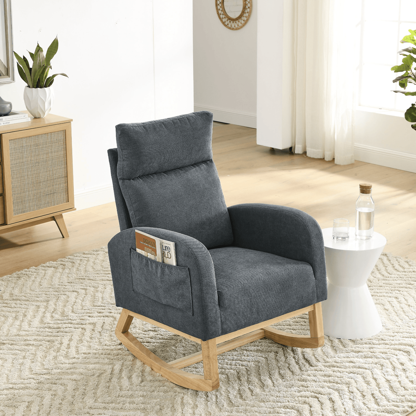 27.6"W Modern Accent High Backrest Living Room Lounge Arm Rocking Chair with Two Side Pockets - Dark Grey - CurtisJ Designs