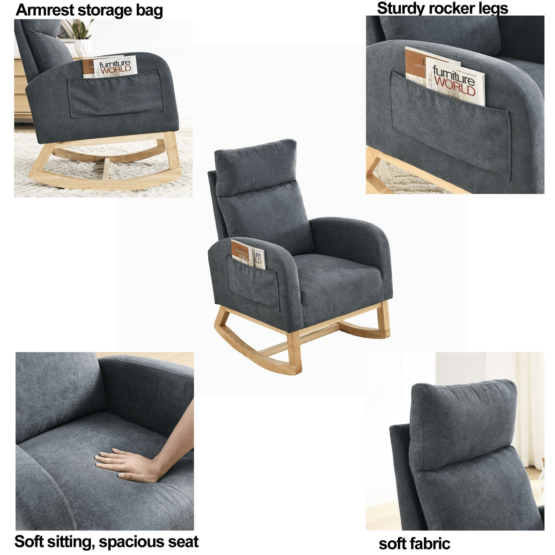 27.6"W Modern Accent High Backrest Living Room Lounge Arm Rocking Chair with Two Side Pockets - Dark Grey - CurtisJ Designs