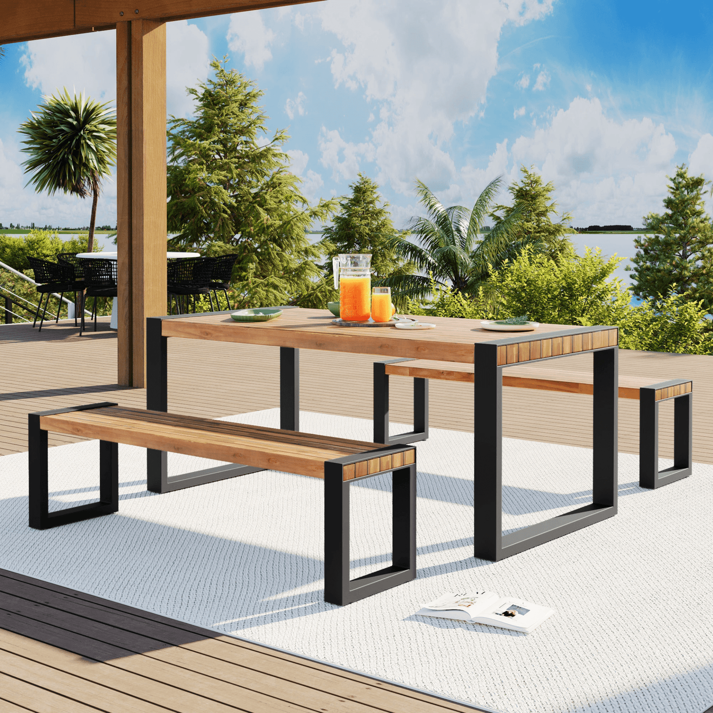 3 - Piece Outdoor Dining Table Set with Acacia Wood and Steel | Patio Dining Set with 2 Benches - CurtisJ Designs