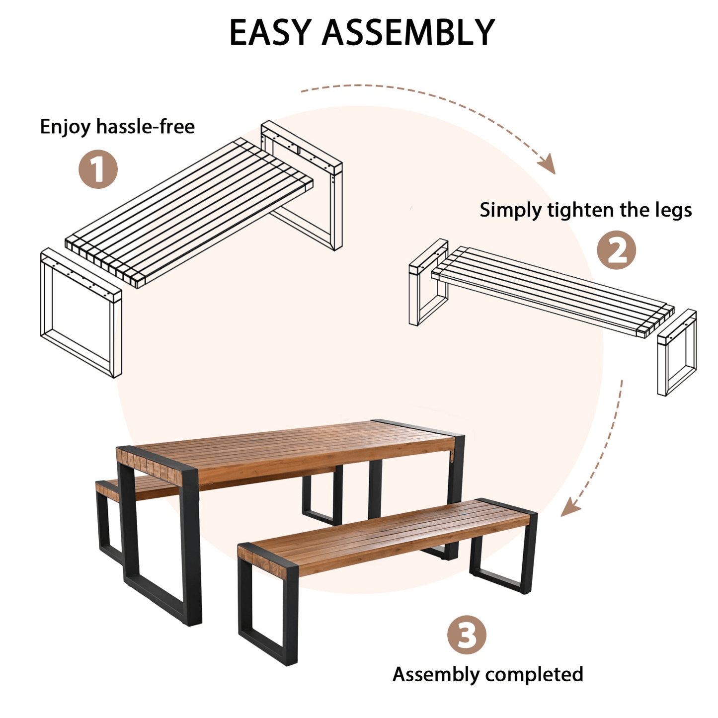 3 - Piece Outdoor Dining Table Set with Acacia Wood and Steel | Patio Dining Set with 2 Benches - CurtisJ Designs