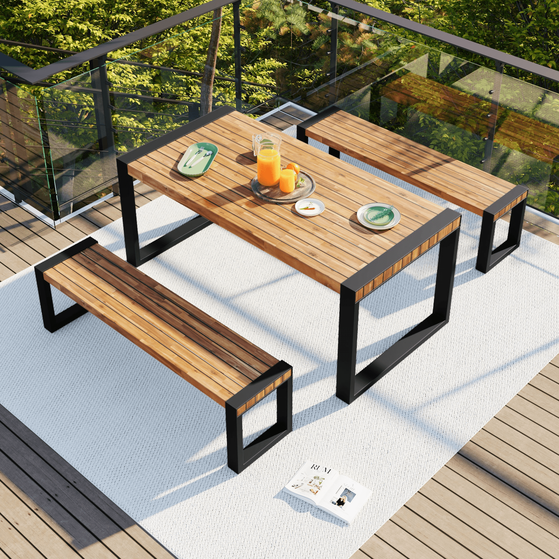 3 - Piece Outdoor Dining Table Set with Acacia Wood and Steel | Patio Dining Set with 2 Benches - CurtisJ Designs