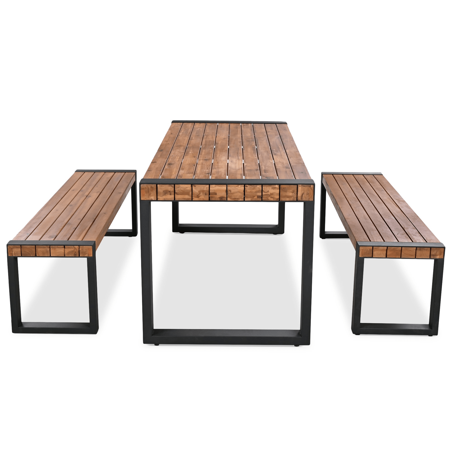 3 - Piece Outdoor Dining Table Set with Acacia Wood and Steel | Patio Dining Set with 2 Benches - CurtisJ Designs