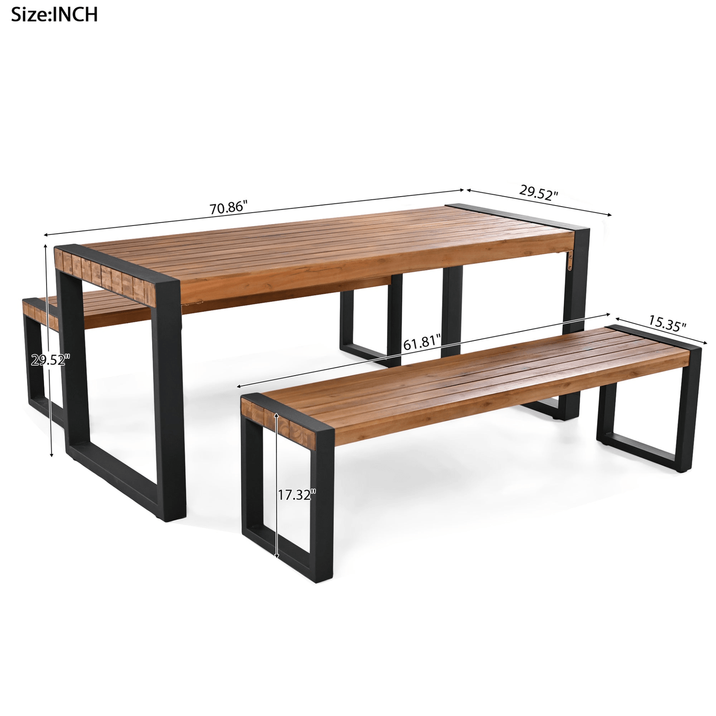 3 - Piece Outdoor Dining Table Set with Acacia Wood and Steel | Patio Dining Set with 2 Benches - CurtisJ Designs