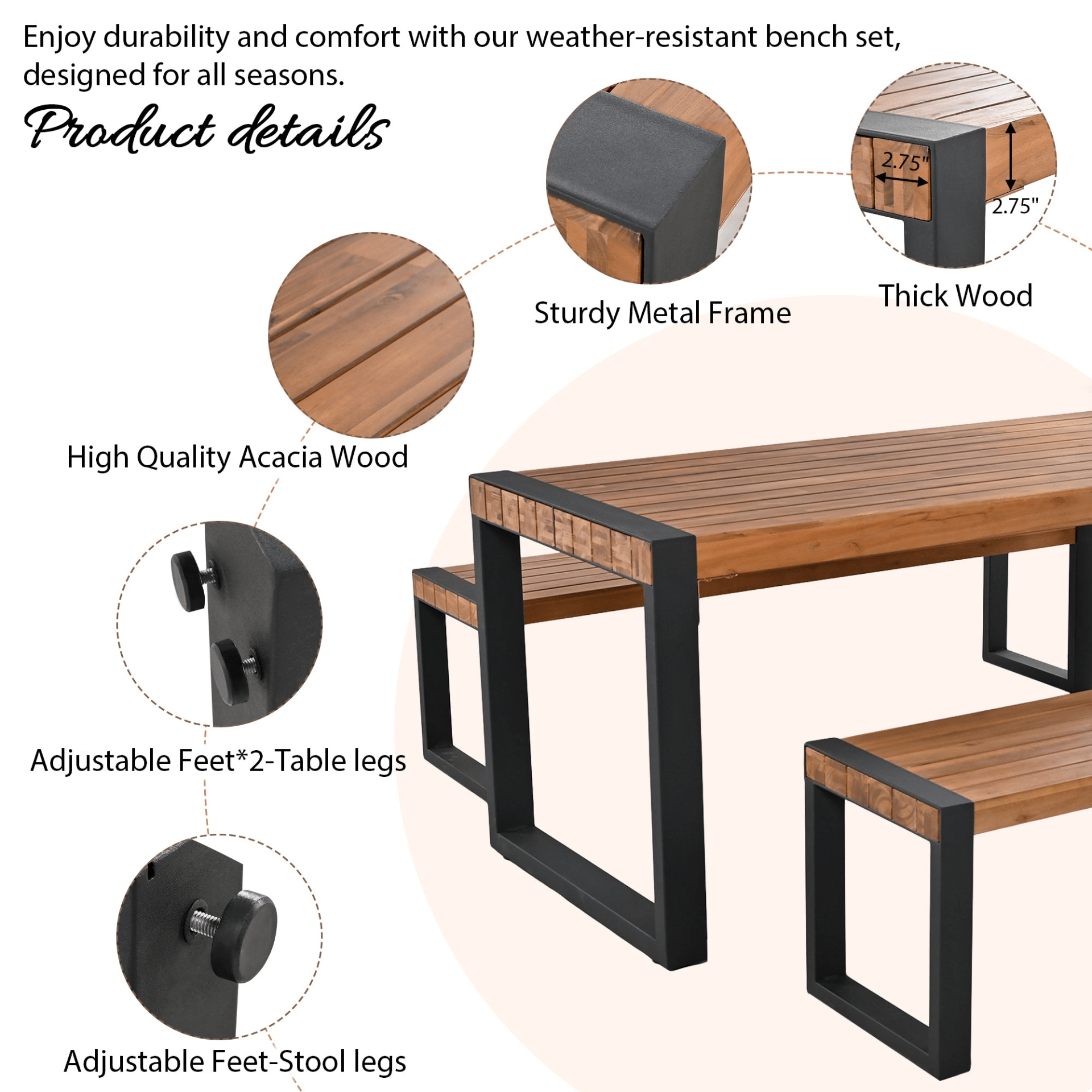 3 - Piece Outdoor Dining Table Set with Acacia Wood and Steel | Patio Dining Set with 2 Benches - CurtisJ Designs