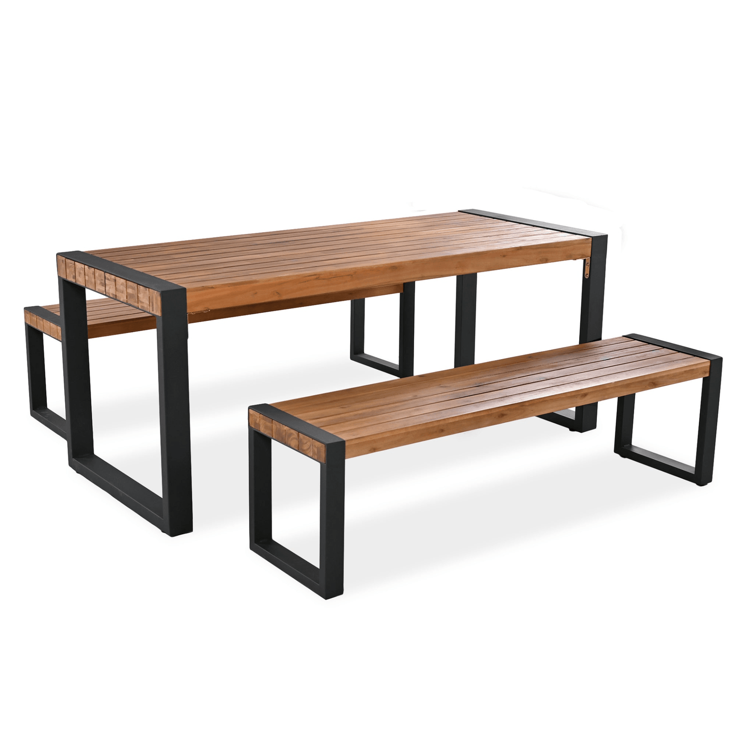 3 - Piece Outdoor Dining Table Set with Acacia Wood and Steel | Patio Dining Set with 2 Benches - CurtisJ Designs