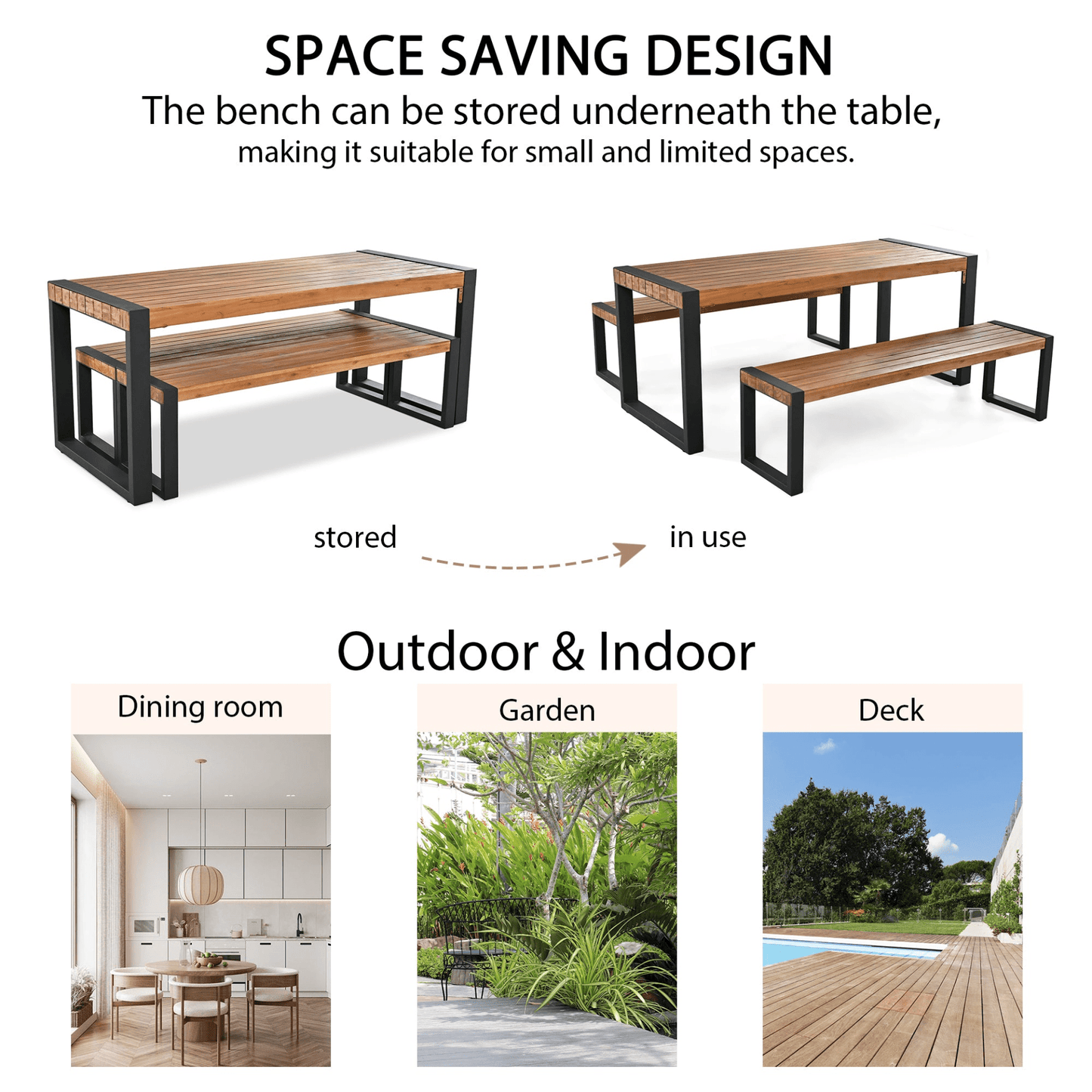 3 - Piece Outdoor Dining Table Set with Acacia Wood and Steel | Patio Dining Set with 2 Benches - CurtisJ Designs