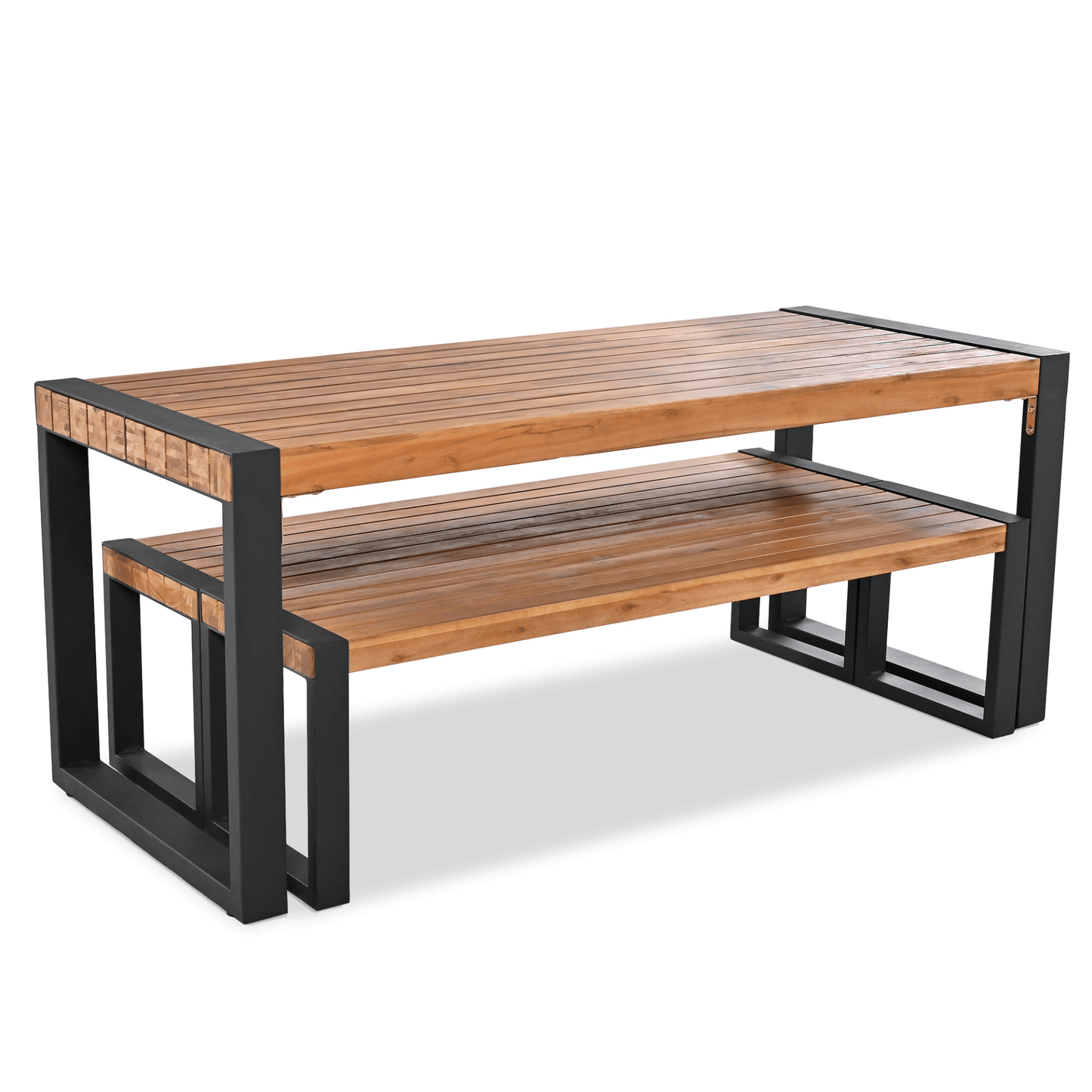 3 - Piece Outdoor Dining Table Set with Acacia Wood and Steel | Patio Dining Set with 2 Benches - CurtisJ Designs