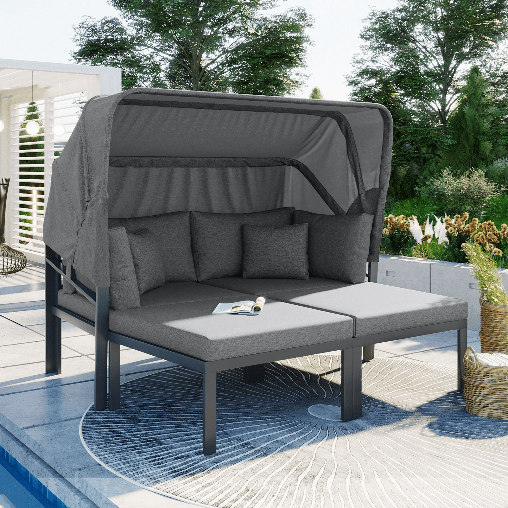 3 - Piece Patio Daybed with Retractable Canopy Outdoor Metal Sectional Sofa Set Sun Lounger with Cushions, Grey - CurtisJ Designs