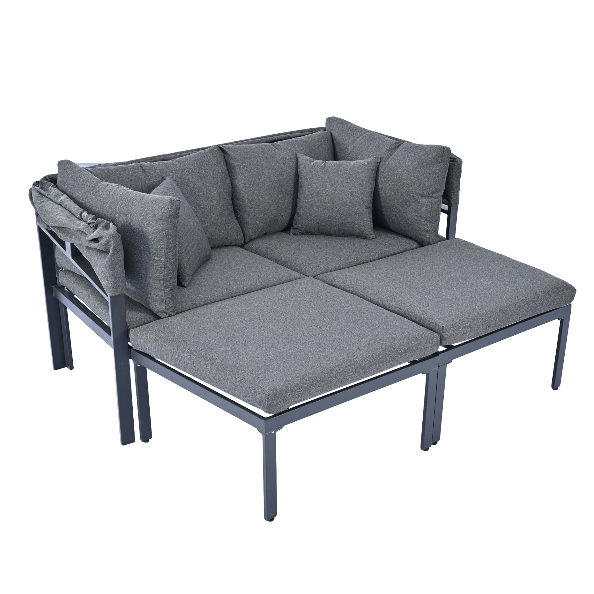 3 - Piece Patio Daybed with Retractable Canopy Outdoor Metal Sectional Sofa Set Sun Lounger with Cushions, Grey - CurtisJ Designs