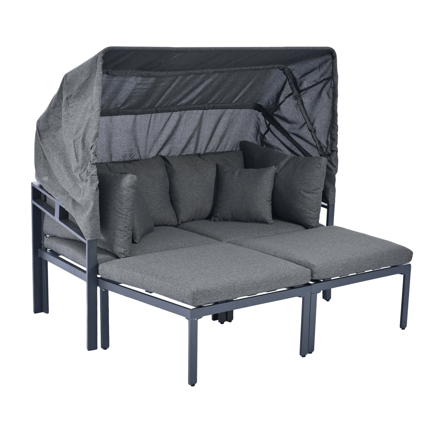 3 - Piece Patio Daybed with Retractable Canopy Outdoor Metal Sectional Sofa Set Sun Lounger with Cushions, Grey - CurtisJ Designs