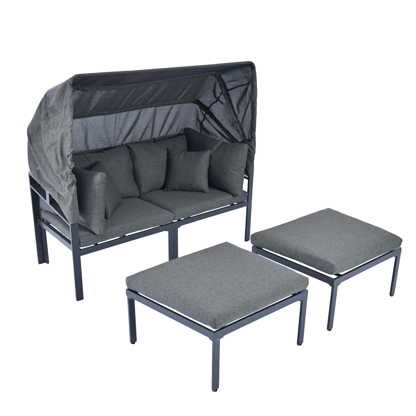 3 - Piece Patio Daybed with Retractable Canopy Outdoor Metal Sectional Sofa Set Sun Lounger with Cushions, Grey - CurtisJ Designs